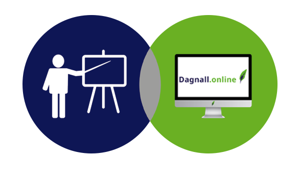 Blended learning bij Dagnall Talen - Face-to-face lessen gecombineerd met een digitale leeromgeving Overlappende donkerblauwe cirkel met icoon lesgeven en groene cirkel met computerscherm met Dagnall.online logo op transparante achtergrond - 600 * 337 pixels
